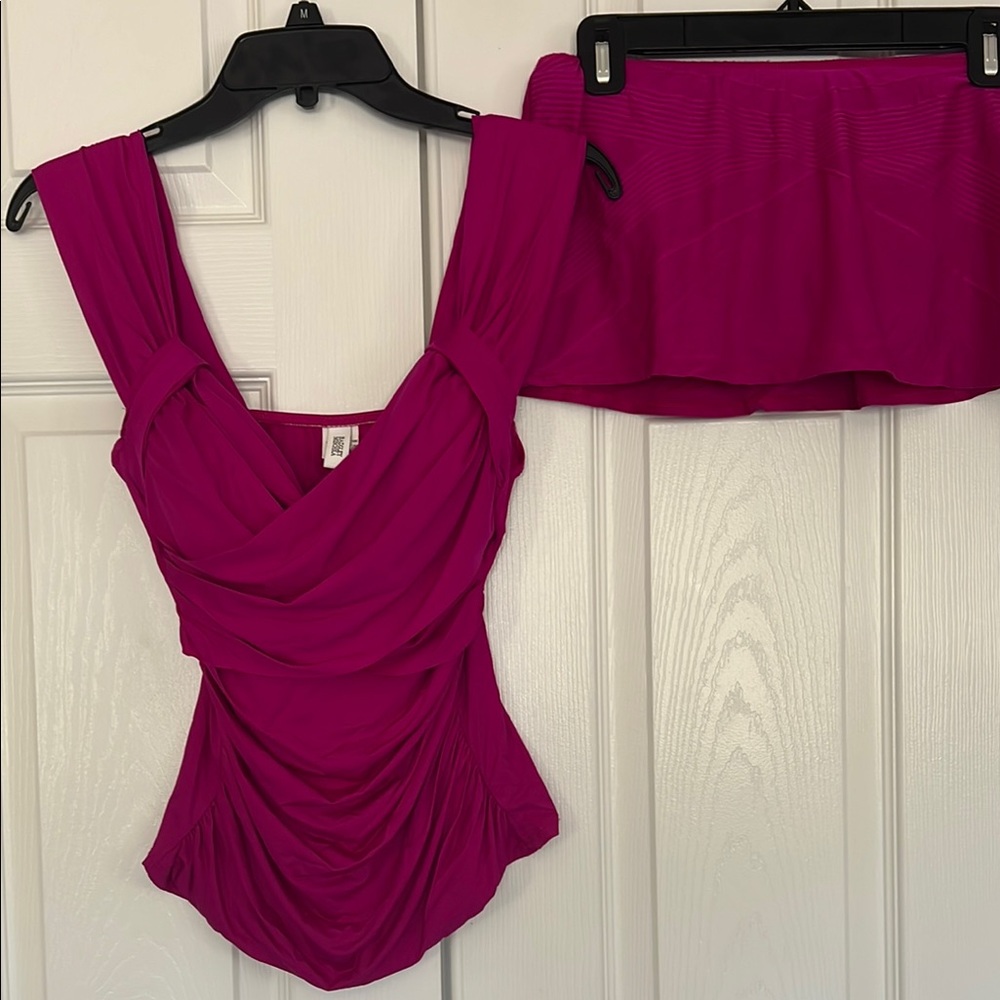 Badgley Mischka Magenta Pink Two-Piece Tankini Swimsuit with Ruched Draped Top